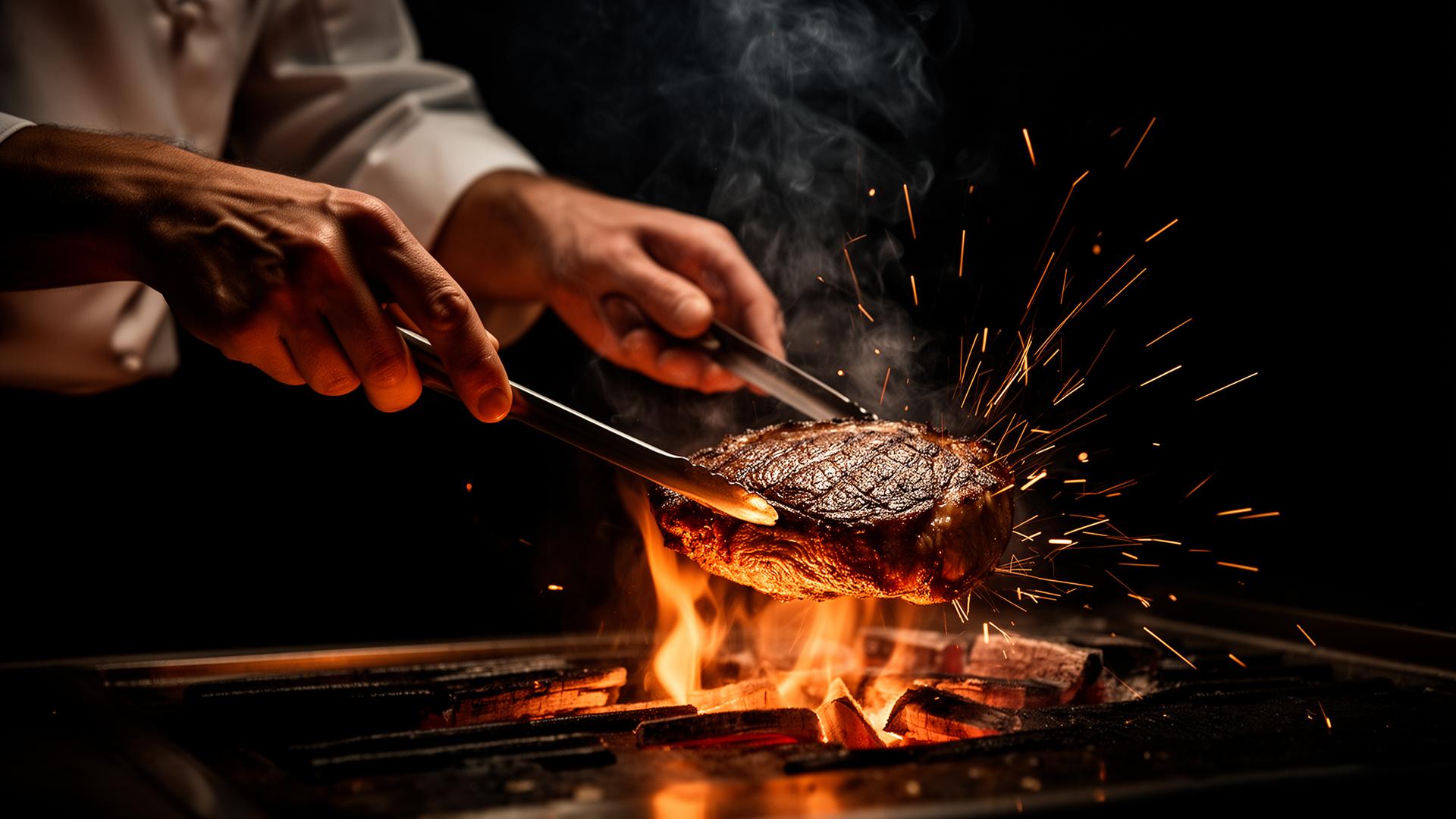 Chef searing steak with sparks